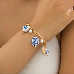 NEW Porcelain Portofino Heart Stainless Steel Pearl Toile Bracelet